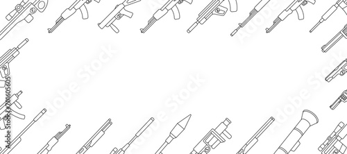 Weapons horizontal outline banner. Military weapons silhouettes. Tactical assault rifles, smoothbore guns, AK 47, sniper rifles, grenade launchers.