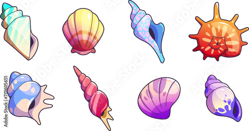 Sea shell and vessels game assets set. Cartoon vector illustration collection of cute marine underwater seashell for rpg gui design. Colorful nautical or aquarium horned, spiral and scallop conch.