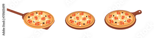 Italian pizza on wooden boards. Traditional italian fast food. Italian cuisine, traditional food. Vector illustration.