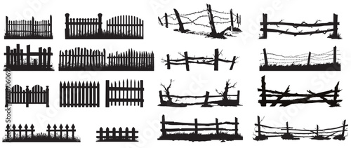 Silhouette Illustrations of Wooden Fences on White Background photo