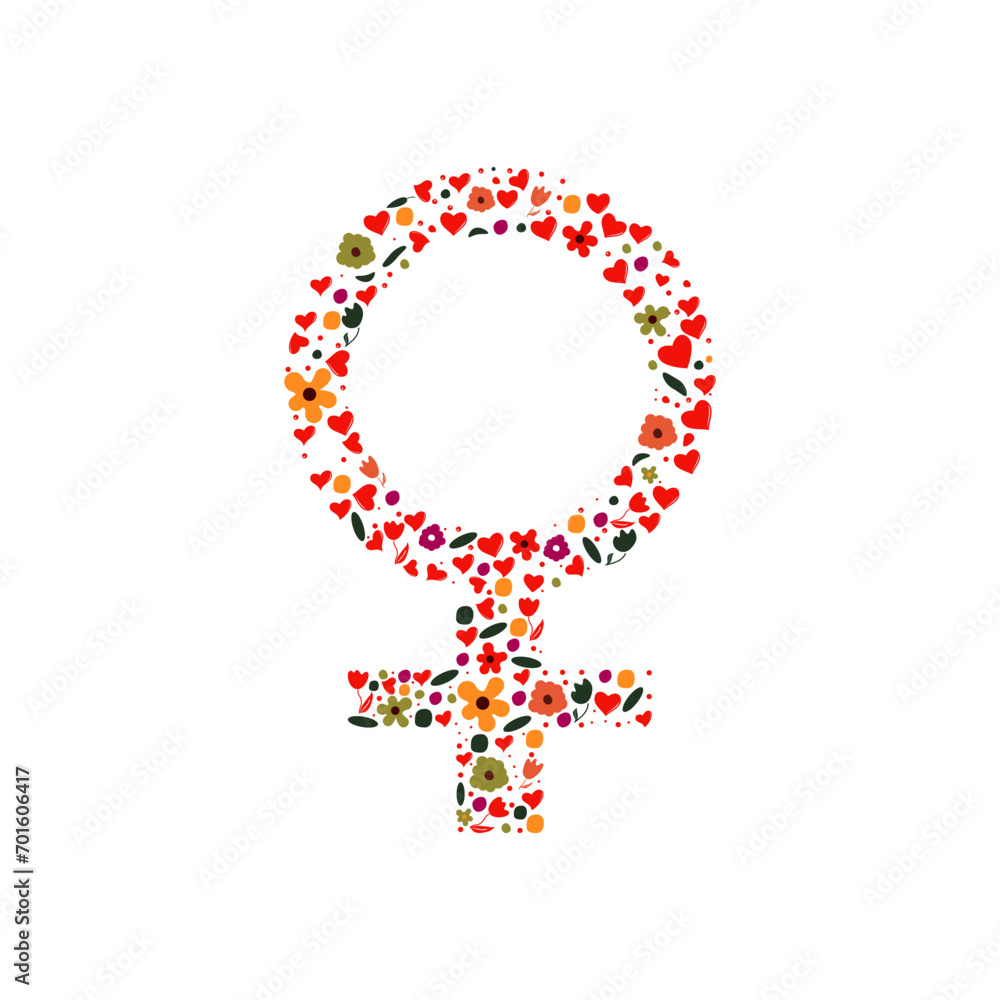 Fototapeta premium The gender symbol of a woman is decorated with flowers and hearts of love.
