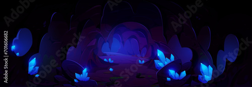 Dark cave with blue shining gem crystal clusters in stone walls. Cartoon vector tunnel with luminous diamonds. Rocky dungeon mine with glittering treasure mineral resources for game ui design.