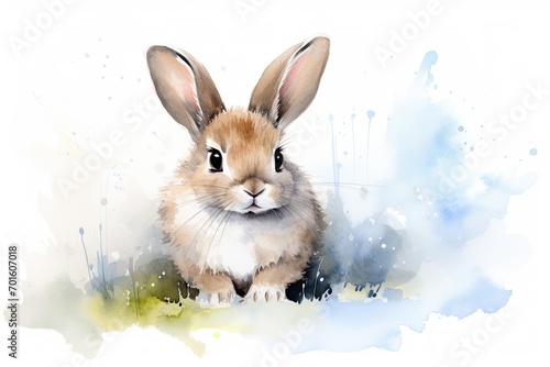 Adorable watercolor painting of a fluffy bunny, its innocence portrayed in gentle strokes against a backdrop of pure white.