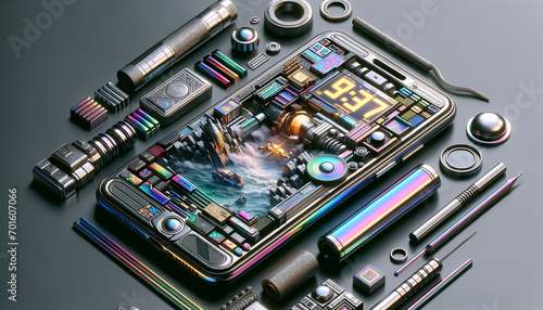 Surreal smartphone depiction with vibrant retro mobile game on metallic background.