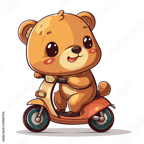 Happy cute bear cartoon character riding a scooter on a white background  for sticker or t-shirt design