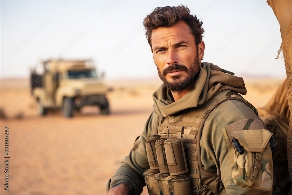 Portrait of a handsome soldier standing in the middle of the desert Portrait of a handsome soldier standing in the middle of the desert