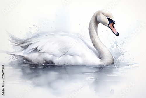 Watercolor painting of a graceful swan  its elegant form captured with soft brushstrokes against a pristine white backdrop.