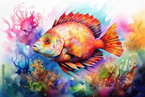 Watercolor illustration of a tropical fish swimming around a coral reef on a pristine white background.