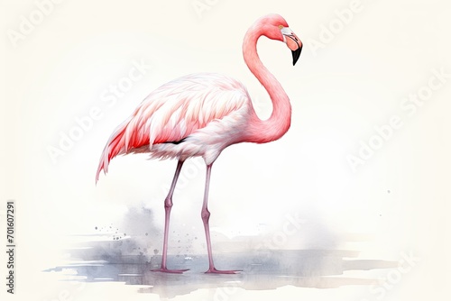 Elegant watercolor illustration of a perched flamingo, its slender and pink plumage against a backdrop of pristine white.