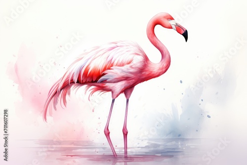 Elegant watercolor illustration of a perched flamingo, its slender and pink plumage against a backdrop of pristine white.