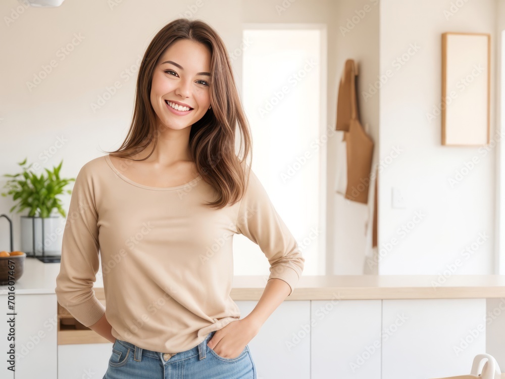 Radiant Portrait of a Cheerful Woman with Long Brown Wavy Hair Smiling Brightly Radiant Portrait of a Cheerful Woman with Long Brown Wavy Hair Smiling Brightly