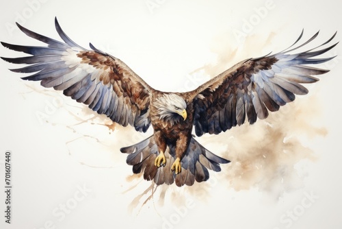 Graceful watercolor illustration of a soaring eagle against a serene white background.