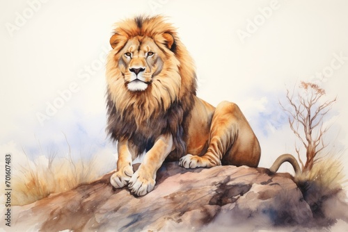 Majestic watercolor artwork featuring a regal lion against a background of pure white.