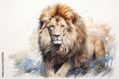Majestic watercolor artwork featuring a regal lion against a background of pure white.