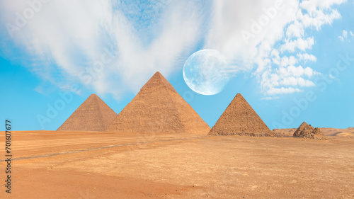 Giza Pyramid Complex with super full moon - Cairo  Egypt  Elements of this image furnished by NASA 