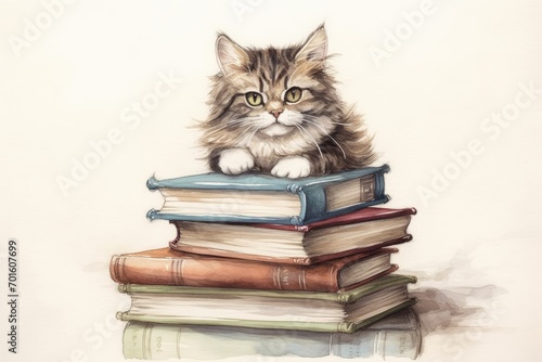 Watercolor of a clever cat perched top a stack of books against a pristine white backdrop.