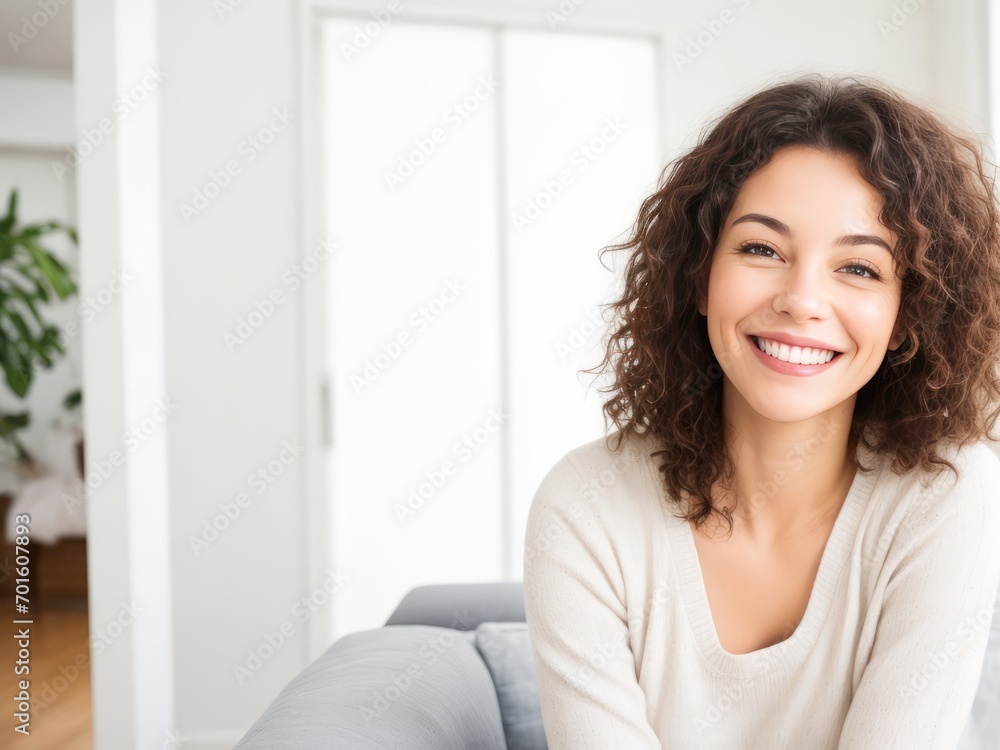 Cheerful Woman with Mid-Length Brown Wavy Hair Smiling Brightly Cheerful Woman with Mid-Length Brown Wavy Hair Smiling Brightly