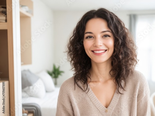 a Happy Woman with Long Wavy Brown Hair Smiling