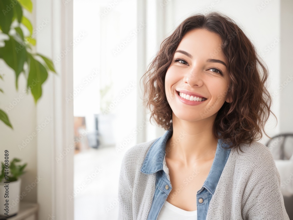 Vibrant Portrait of a Cheerful Woman with Shoulder-Length Brown Wavy Hair Smiling Brightly Vibrant Portrait of a Cheerful Woman with Shoulder-Length Brown Wavy Hair Smiling Brightly