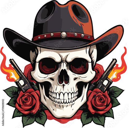 Skull in cowboy hat with red roses on fire.