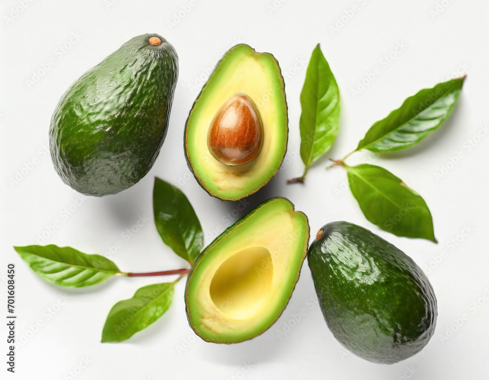 Flat lay composition with ripe avocados and leaves on white background, top view Flat lay composition with ripe avocados and leaves on white background, top view