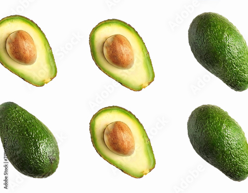 Flat lay composition with ripe avocados and leaves on white background, top view