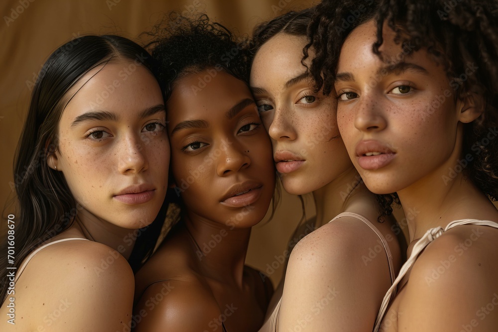Studio close up portrait of young women with different skin colors, black, latina, white, all wearing neutral color tank tops, cosmetics ad, beauty shot, natural, pastel brown background Studio close up portrait of young women with different skin colors, black, latina, white, all wearing neutral color tank tops, cosmetics ad, beauty shot, natural, pastel brown background