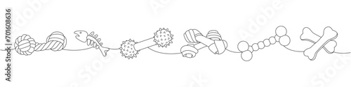 Pet supplies set. Dog chew toy, fish bone skeleton, dog tug, bones continuous one line illustration. Vector linear illustration.