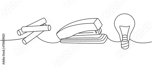 School supply assortment. Back to school one line drawing. Chalk pencil, crayons, office stapler, light bulb continuous one line illustration.