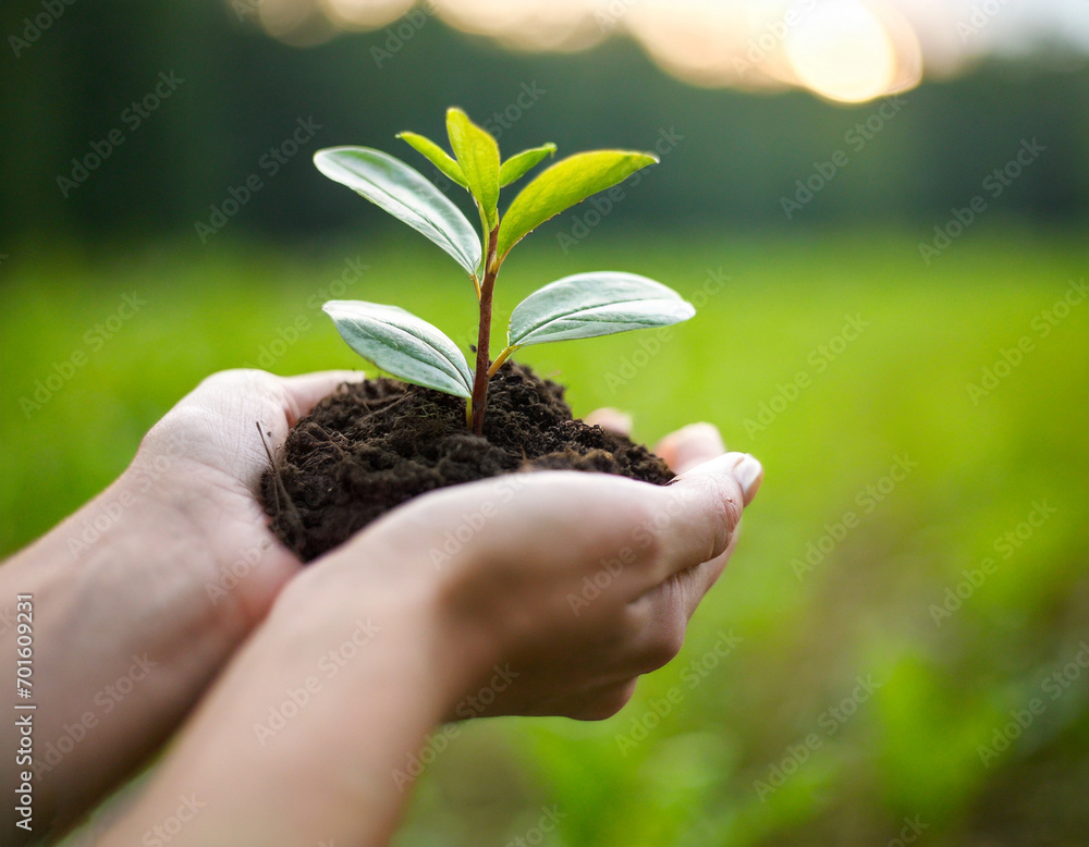 environment Earth Day. In the hands of trees growing seedlings. Bokeh green Background Female hand holding tree on nature field grass Forest conservation concept environment Earth Day. In the hands of trees growing seedlings. Bokeh green Background Female hand holding tree on nature field grass Forest conservation concept