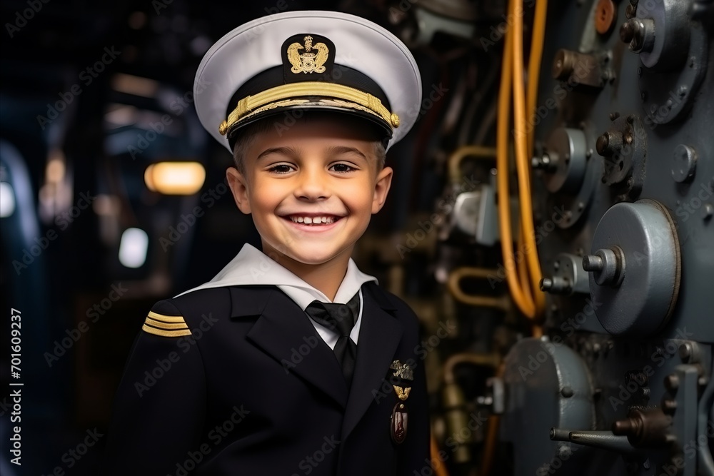 Portrait of a boy pilot in the cabin of a ship. - obrazy, fototapety, plakaty 