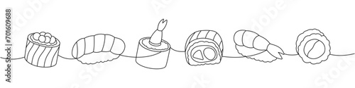 Sushi and rolls set. Japanese cuisine, traditional food one line drawing. Ikura sushi, tobiko maki, sake nigiri, shrimp, philadelphia roll, futomaki