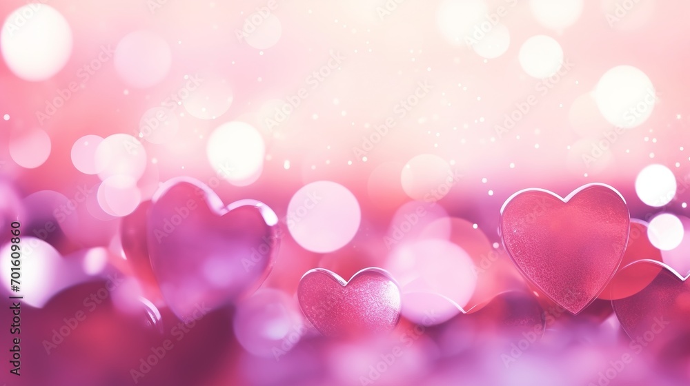 Pink abstract Valentines Day festive background and heart bokeh, glitter or circles lights with hearts. Round defocused particles. Generative Ai
