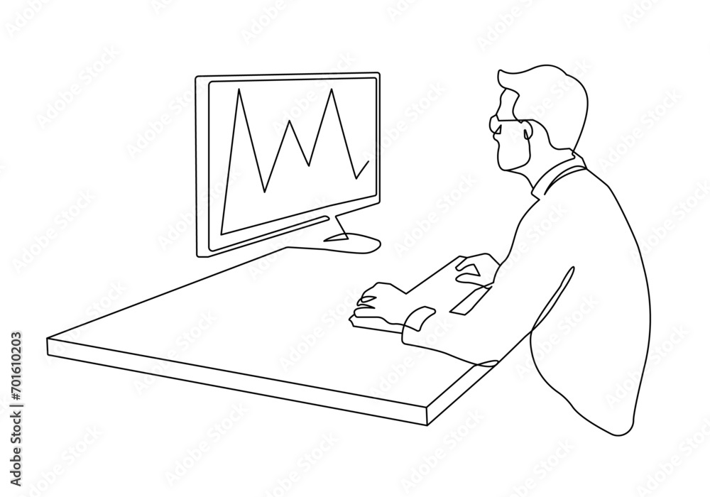 Continuous One Line Drawing of Businessman with PC. Man Professional ...