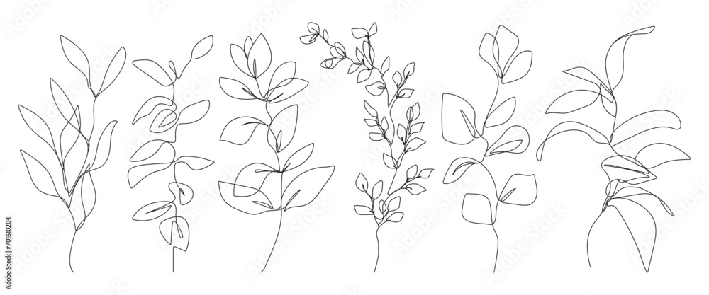 Continuous Line Drawing Of Plants Black Sketch of Flowers Isolated on White Background. Flowers with Leaves Set One Line Illustration. Minimalist Botanical Print. Vector EPS 10
