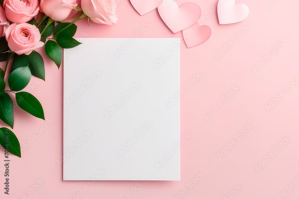 Blank paper greeting card with flowers on light pink background. - obrazy, fototapety, plakaty 