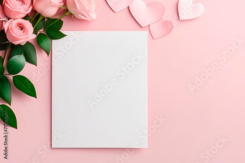 Blank paper greeting card with flowers on light pink background. © elena_hramowa