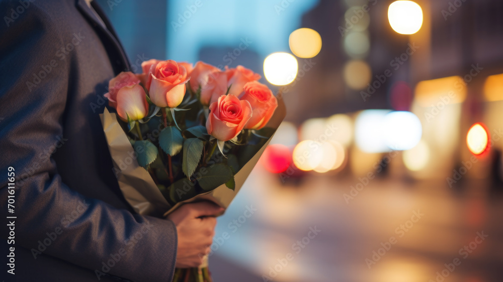 Man with beautiful bouquet of roses in his hand on the street at night