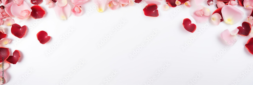Frame made of pink and red rose flower petals on white background. Valentines day background, top view, copy space.