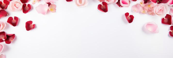 Frame made of pink and red rose flower petals on white background. Valentines day background, top view, copy space.