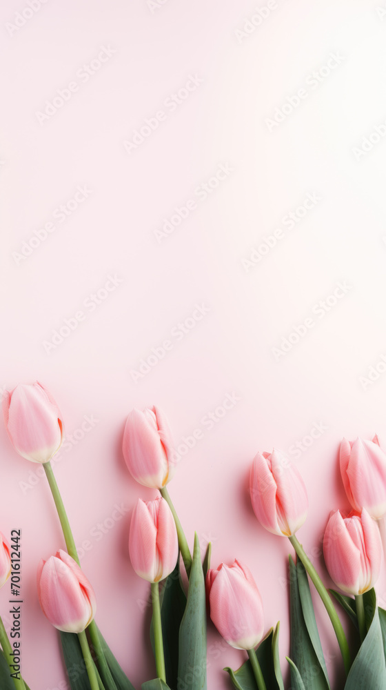 Spring tulip flowers on pink pastel background. Greeting for Women's, Mothers Day or spring sale banner - obrazy, fototapety, plakaty 