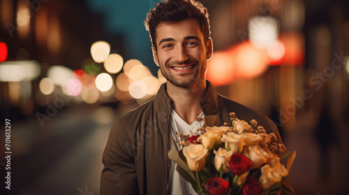 Handsome young man holding a flower bouquet outdoors