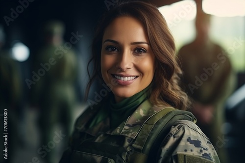 Portrait of beautiful young woman in military uniform with backpack smiling at camera