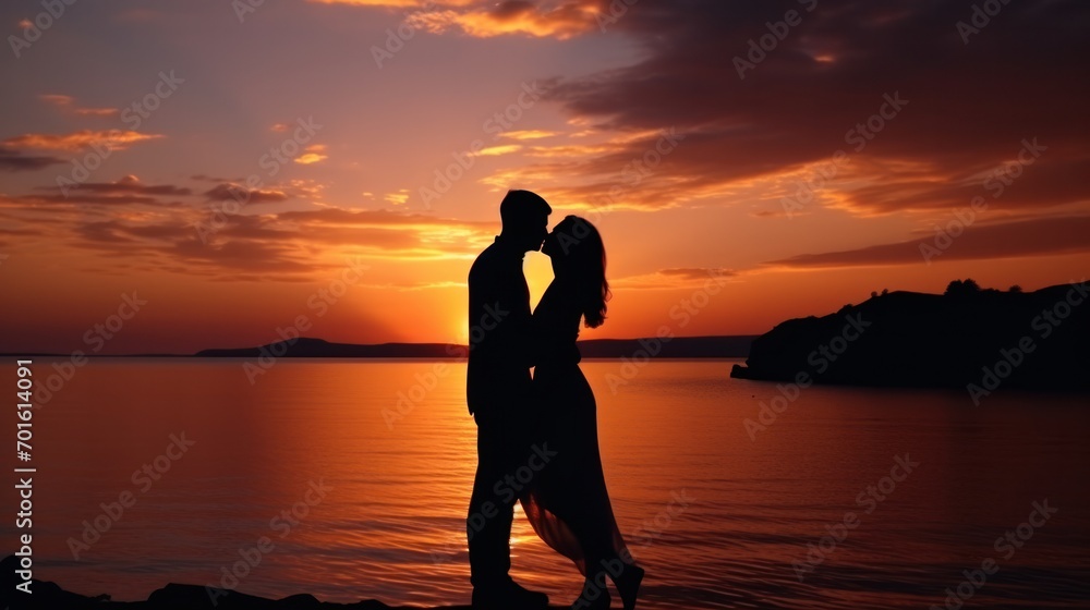Silhouetted couple embracing by sea at sunset. Romance and relationship.
