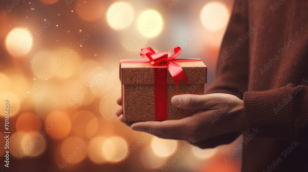 Hand holding a gift box with red ribbon close up Hand holding a gift box with red ribbon close up