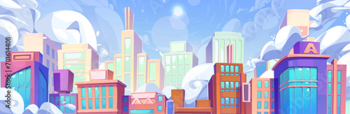 City downtown landscape with modern skyscraper buildings in in sunny day under blue sky with clouds. Cartoon vector illustration of cityscape with high rise architecture on skyline. Urban town street.