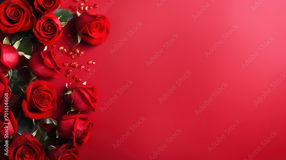 Red roses over red background flat lay. Valentine's Day, Birthday abstract background with copy space. Generative Ai - obrazy, fototapety, plakaty 