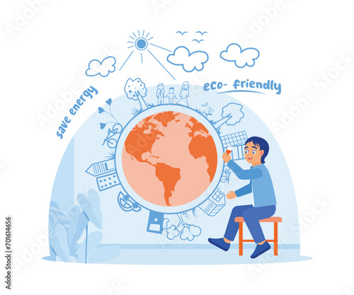 Boy paints on the wall. Create creative, environmentally friendly images. I am saving the planet concept. Trend Modern vector flat illustration