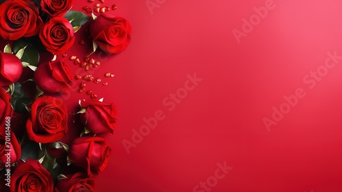 Red roses over red background flat lay. Valentine's Day, Birthday abstract background with copy space. Generative Ai