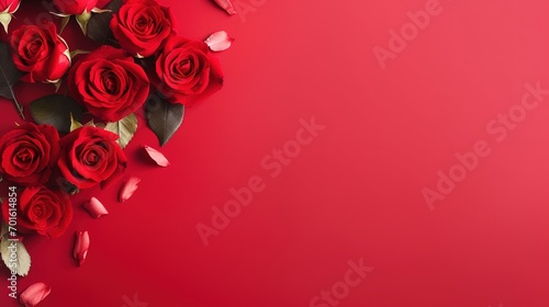 Red roses over red background flat lay. Valentine's Day, Birthday abstract background with copy space. Generative Ai